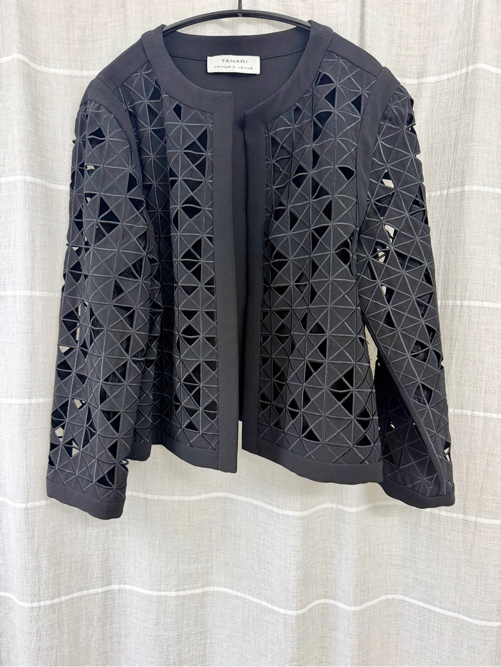 Tahari Black Geometric Laser-Cut Open-Front Jacket